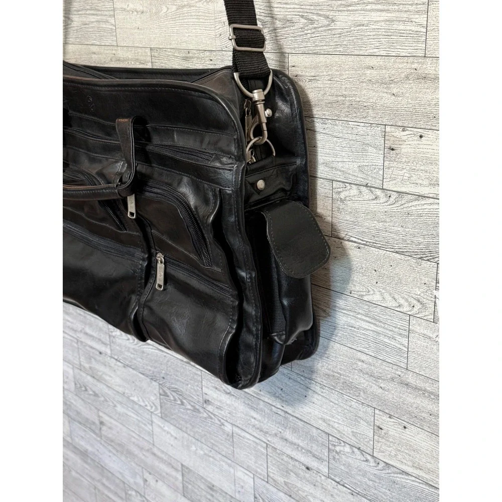 Philippe Amiel‎ Black Leather Multi-Pocket Travel Bag Briefcase Adjustable Strap